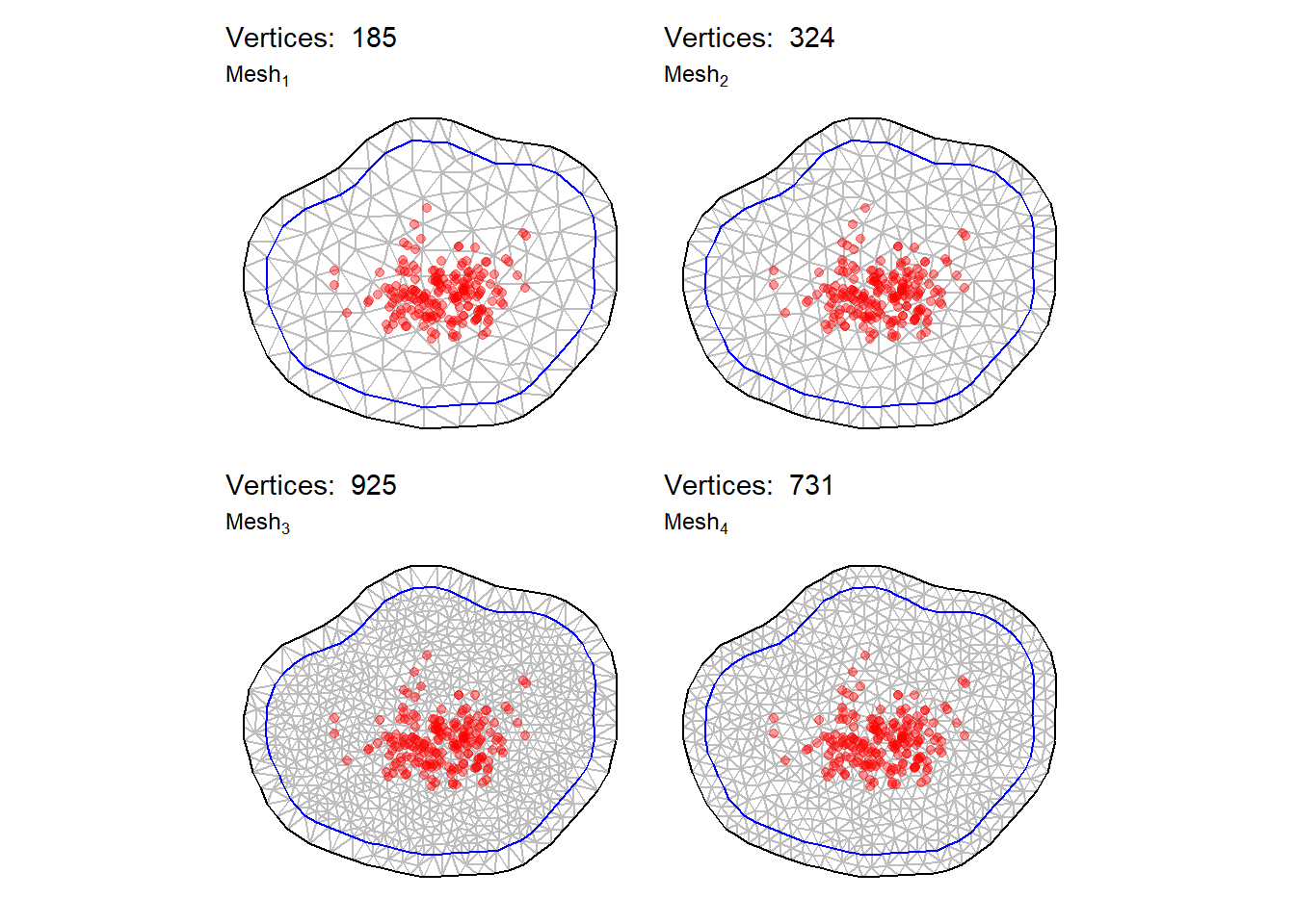 Left: mesh traingulation for 156 vertices, Right: mesh traingulation for 324 vertices